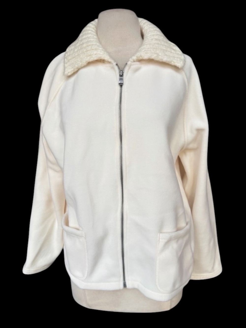 Deadstock 1990s Liz Claiborne Ivory Fleece Textured Knit Collar Patch Pockets Fu